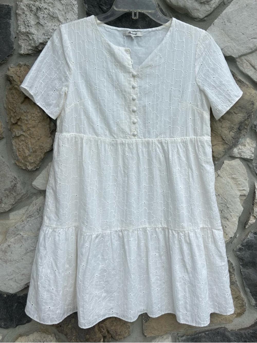 Madewell White Cotton Babydoll Dress Size XS Eyelet Embroidered Mini Cottagecore